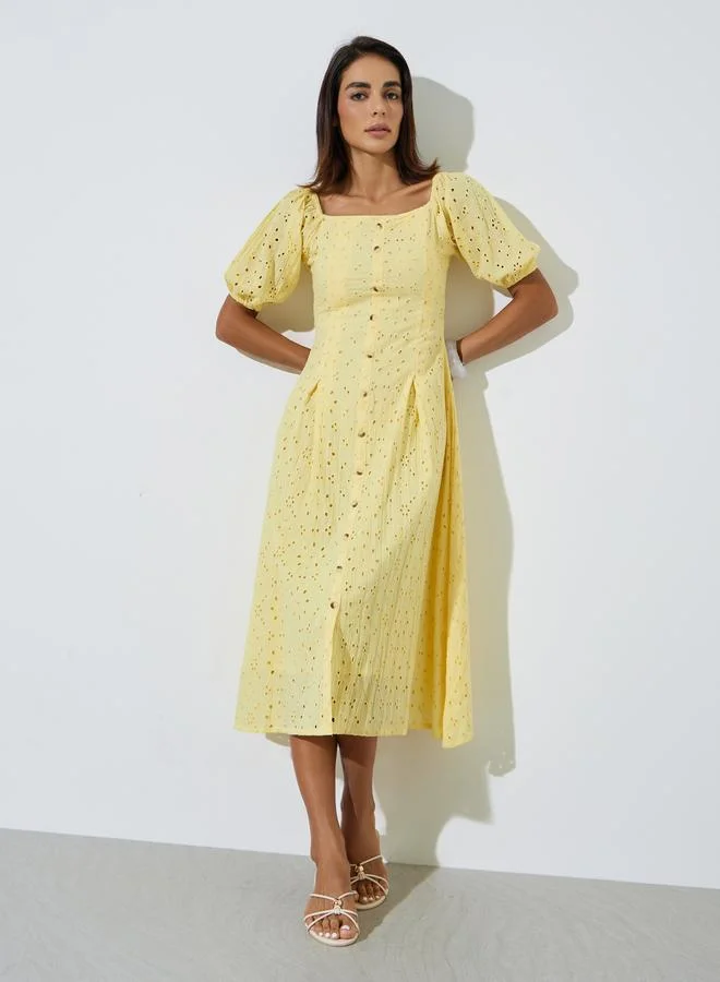 Styli Yellow Embroidered Square Neck A-Line Midi Dress