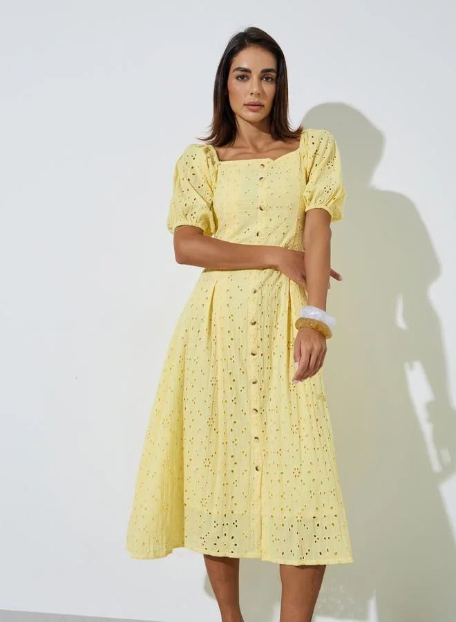 Styli Yellow Embroidered Square Neck A-Line Midi Dress
