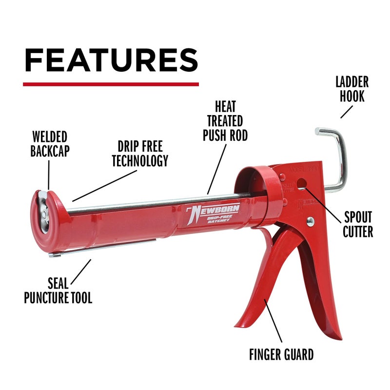 Newborn 189D Drip-Free Super Ratchet Rod Cradle Caulking Gun, 1/10 Gallon Cartridge, 6:1 Thrust Ratio, Red - Image 5