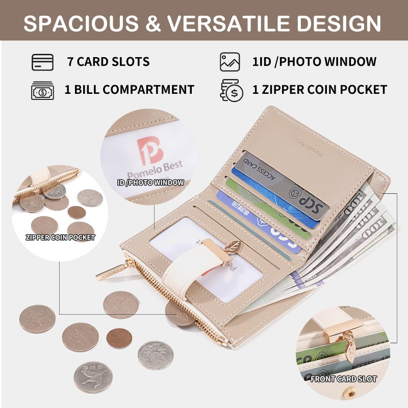 Pomelo Best Wallet Women Bifold Leather Wallets for Women Credit Card Holder with ID Window Zipper Coin Pocket Pudding White - Image 3
