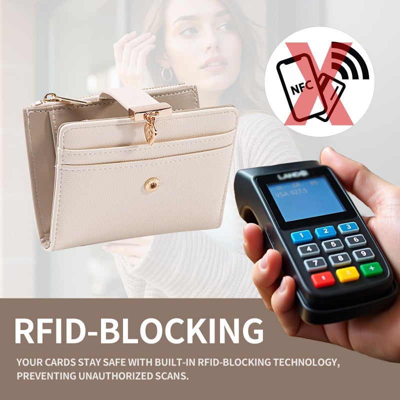 Pomelo Best Wallet Women Bifold Leather Wallets for Women Credit Card Holder with ID Window Zipper Coin Pocket Pudding White - Image 5
