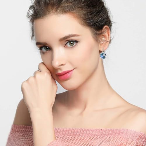 EVEVIC Multicolored Austrian Crystal Earrings for Women 14K Gold Plated Leverback Dangle Hoop Earrings (Blue Main Crystal/Silver-tone) - Image 2