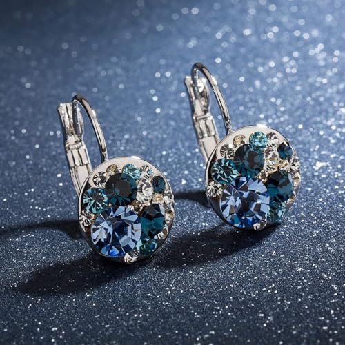 EVEVIC Multicolored Austrian Crystal Earrings for Women 14K Gold Plated Leverback Dangle Hoop Earrings (Blue Main Crystal/Silver-tone) - Image 3