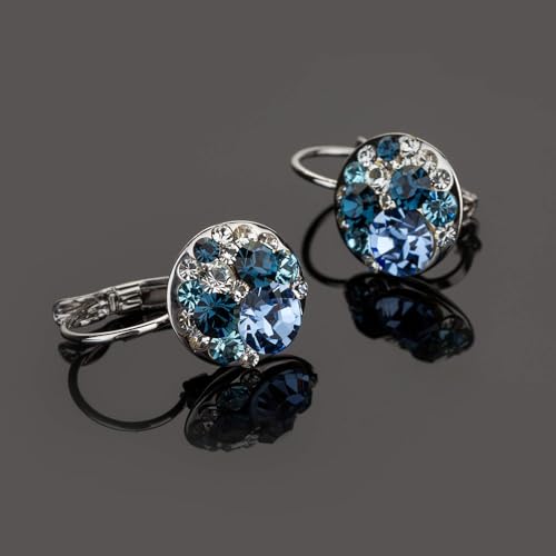 EVEVIC Multicolored Austrian Crystal Earrings for Women 14K Gold Plated Leverback Dangle Hoop Earrings (Blue Main Crystal/Silver-tone) - Image 5