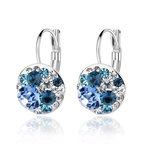 EVEVIC Multicolored Austrian Crystal Earrings for Women 14K Gold Plated Leverback Dangle Hoop Earrings (Blue Main Crystal/Silver-tone) - Image 1