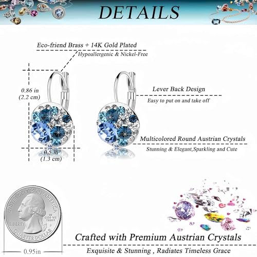 EVEVIC Multicolored Austrian Crystal Earrings for Women 14K Gold Plated Leverback Dangle Hoop Earrings (Blue Main Crystal/Silver-tone) - Image 4
