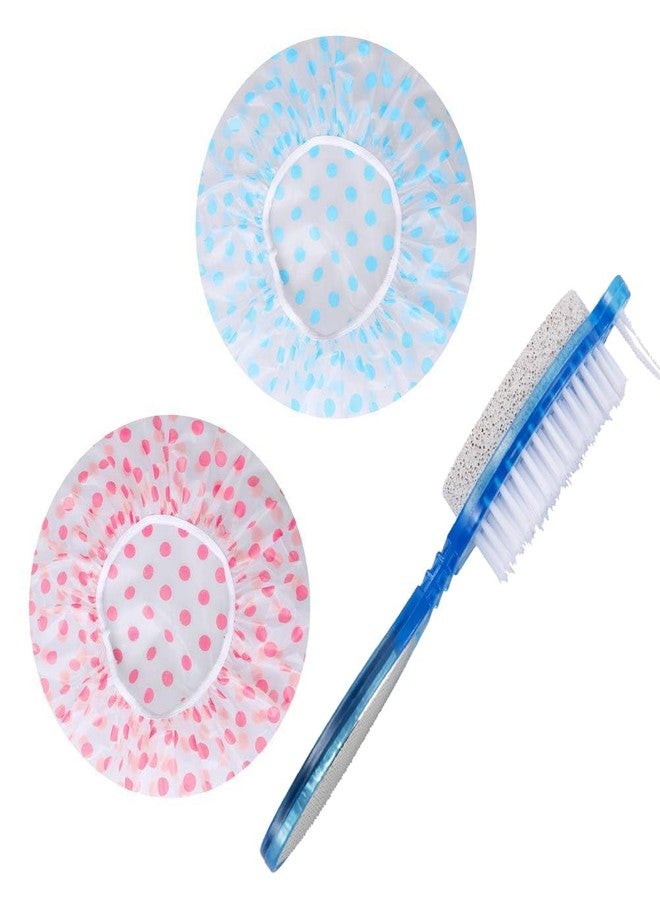 Aternal Printed Shower Caps Reusable Waterproof Free Size Bathroom Head Cap For Home/Salons/Beauty Parlours Women/Girls (Pack of 2) with 1 Foot Scrubber - Image 1