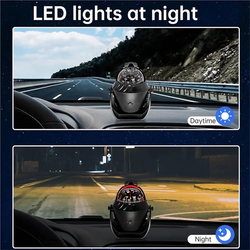 Black Marine Boat Compass with LED Light Waterproof Nautical Sea Navigation - Image 3