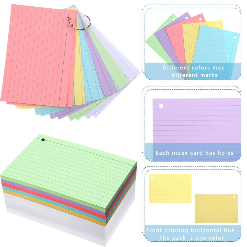 Epakh 300 Pieces Back to School Index Cards 180 GSM Thick Flashcards with Rings Punched Index Flashcards on a Ring Ruled Note Cards for Adults Home(4 x 6 Inch,Light Color) - Image 2