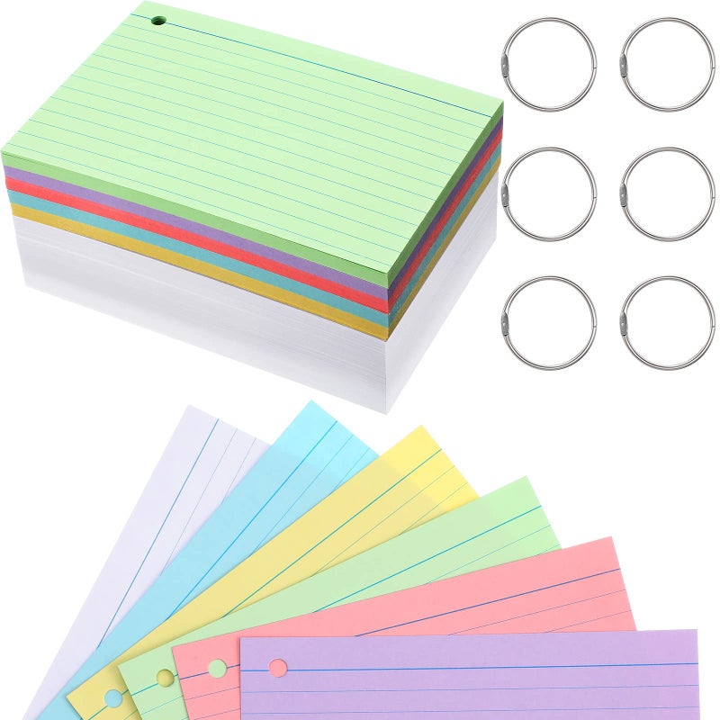 Epakh 300 Pieces Back to School Index Cards 180 GSM Thick Flashcards with Rings Punched Index Flashcards on a Ring Ruled Note Cards for Adults Home(4 x 6 Inch,Light Color) - Image 1