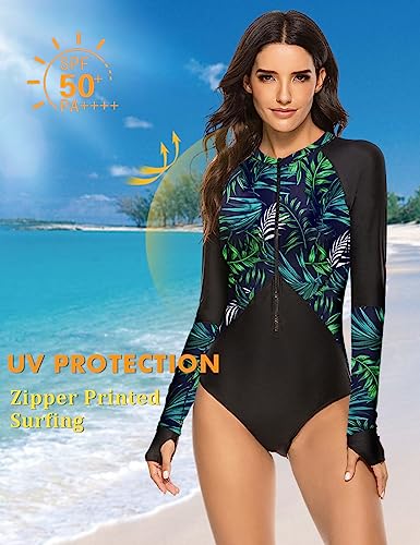 SELINK Womens Long Sleeve Rash Guard UV Protection Zipper Printed Surfing One Piece Swimsuit Bathing Suit Green Leaf PrintS - Image 3