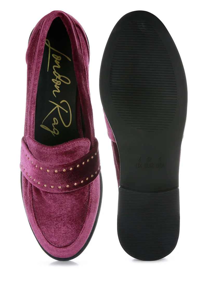 London Rag Stud Detail Velvet Loafers in Burgundy