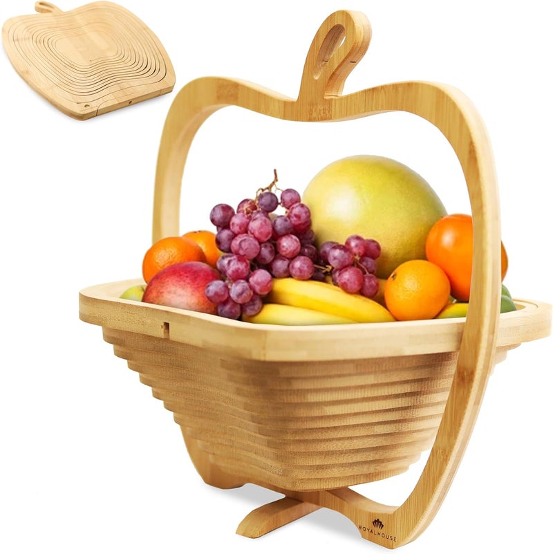 RoyalHouse Bamboo Foldable Fruit Bowl Apple Shape135x12 Collapsible Fruit  Vegetable Storage For Kitchen Countertop Bamboo Fruit Basket Tabletop Fruit Serving Bowl - Image 1