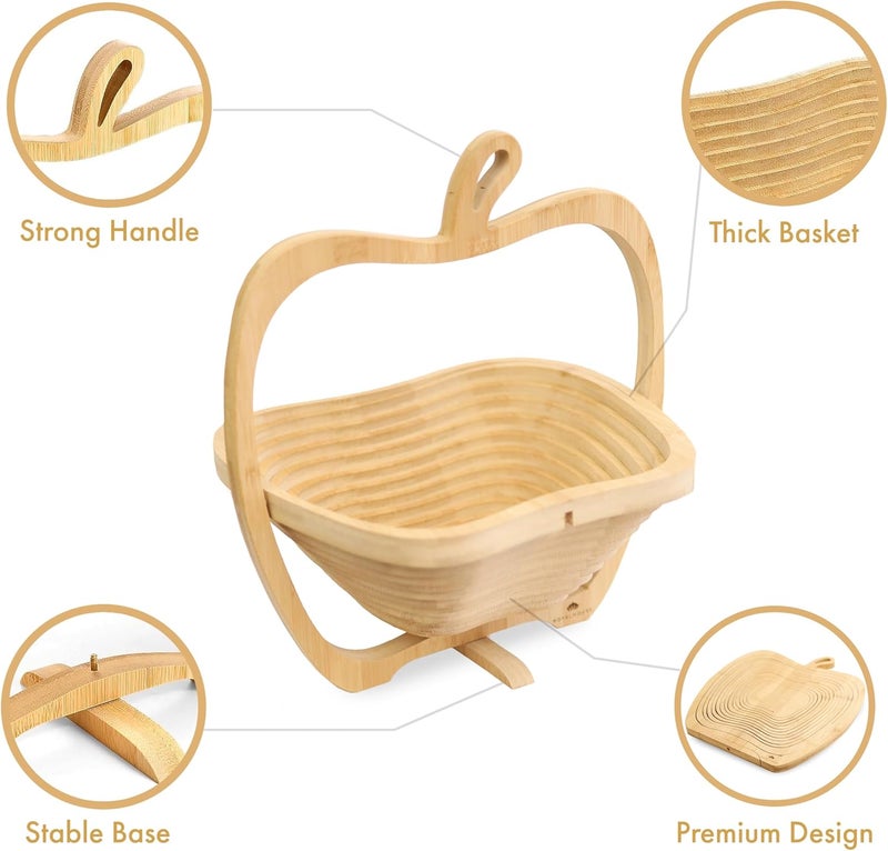 RoyalHouse Bamboo Foldable Fruit Bowl Apple Shape135x12 Collapsible Fruit  Vegetable Storage For Kitchen Countertop Bamboo Fruit Basket Tabletop Fruit Serving Bowl - Image 3