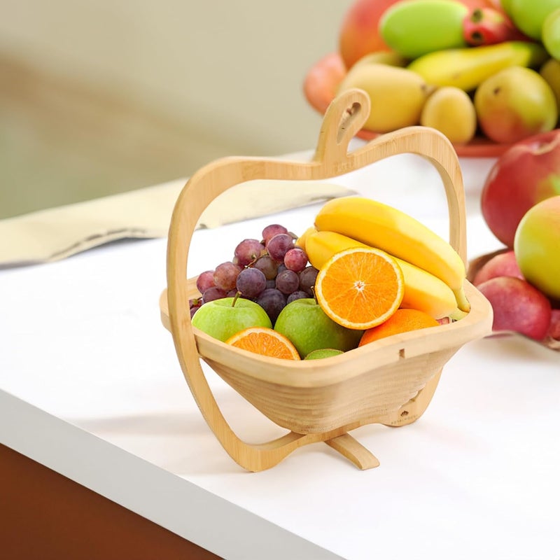 RoyalHouse Bamboo Foldable Fruit Bowl Apple Shape135x12 Collapsible Fruit  Vegetable Storage For Kitchen Countertop Bamboo Fruit Basket Tabletop Fruit Serving Bowl - Image 2