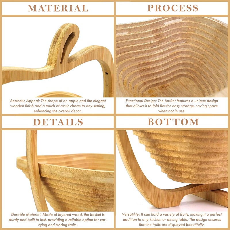 RoyalHouse Bamboo Foldable Fruit Bowl Apple Shape135x12 Collapsible Fruit  Vegetable Storage For Kitchen Countertop Bamboo Fruit Basket Tabletop Fruit Serving Bowl - Image 4