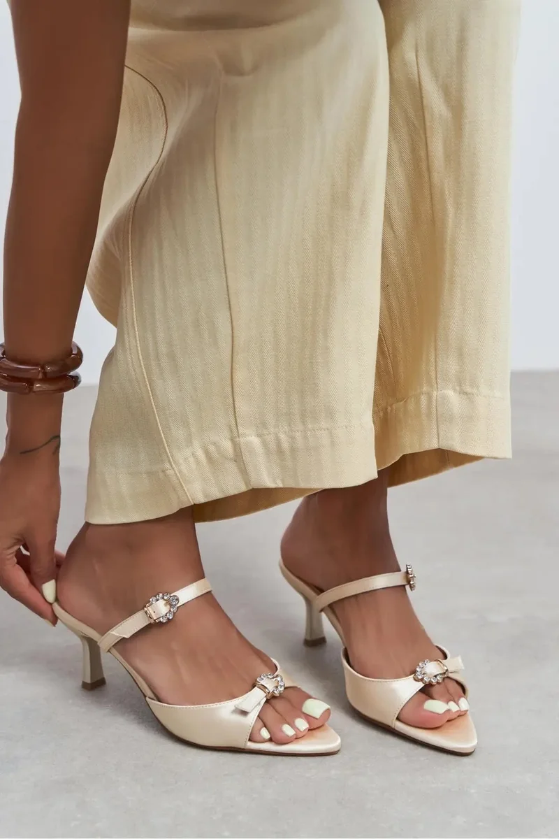 Nisantasi Shoes Calista Satin Buckle Detail Pointed Toe Heels — Beige