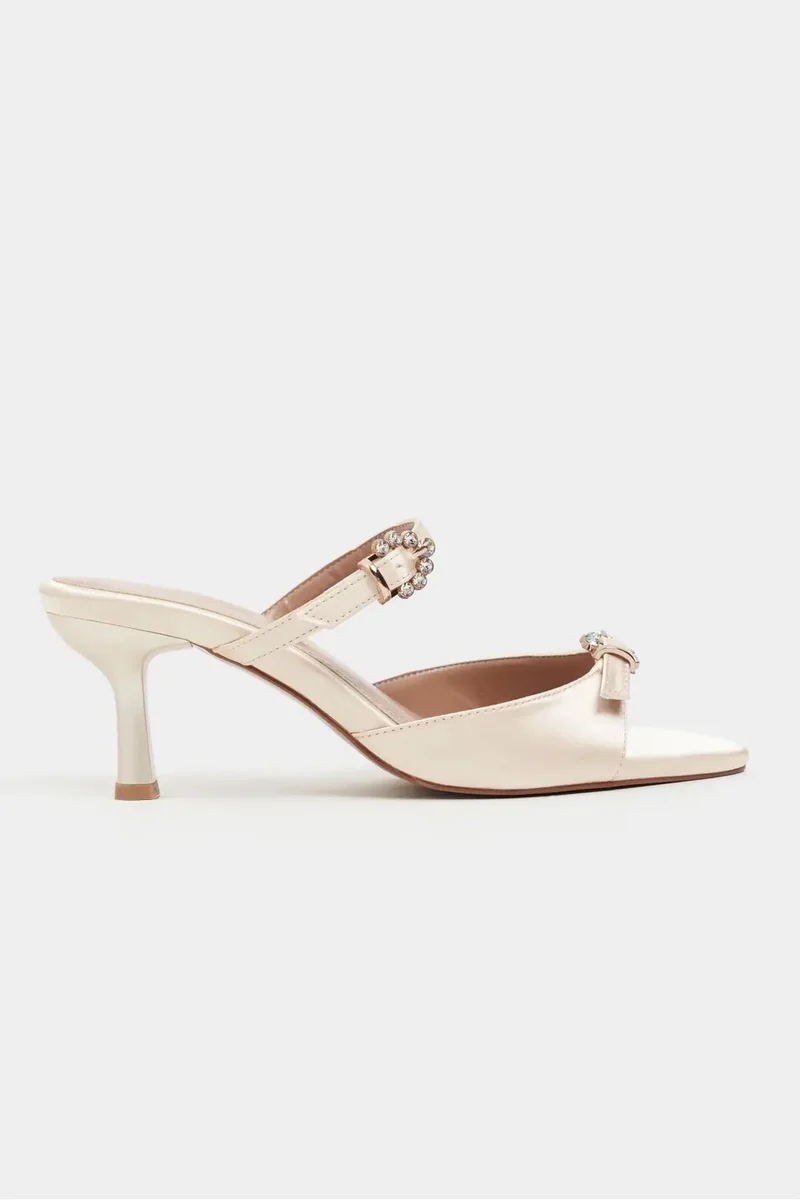 Nisantasi Shoes Calista Satin Buckle Detail Pointed Toe Heels — Beige