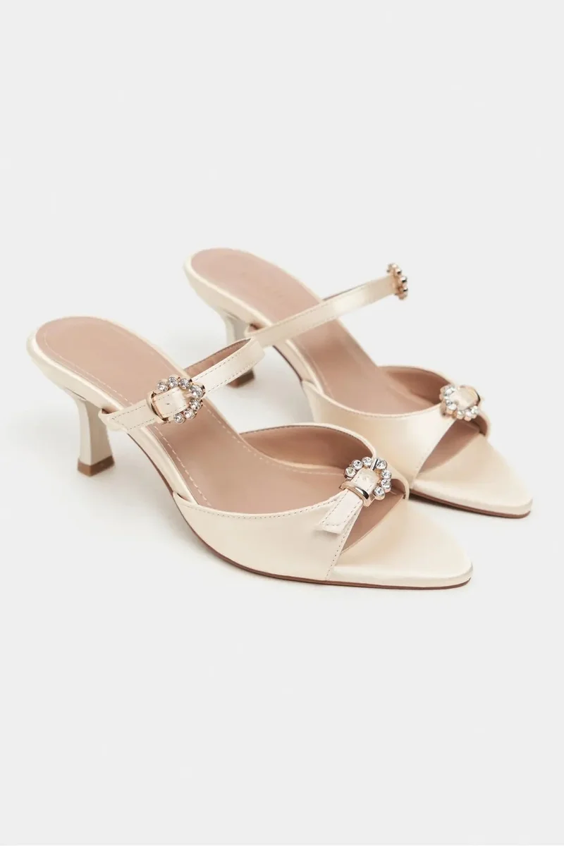 Nisantasi Shoes  Calista Satin Buckle Detail Pointed Toe Heels — Beige for Women | Best Price UAE