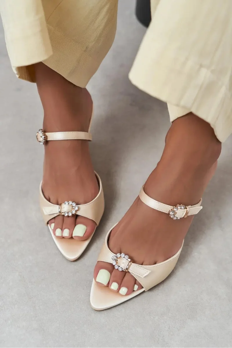 Nisantasi Shoes  Calista Satin Buckle Detail Pointed Toe Heels — Beige for Women | Best Price UAE