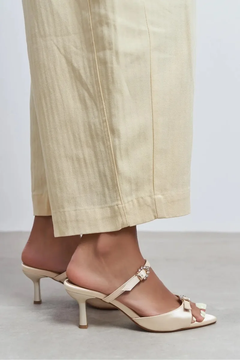 Nisantasi Shoes  Calista Satin Buckle Detail Pointed Toe Heels — Beige for Women | Best Price UAE