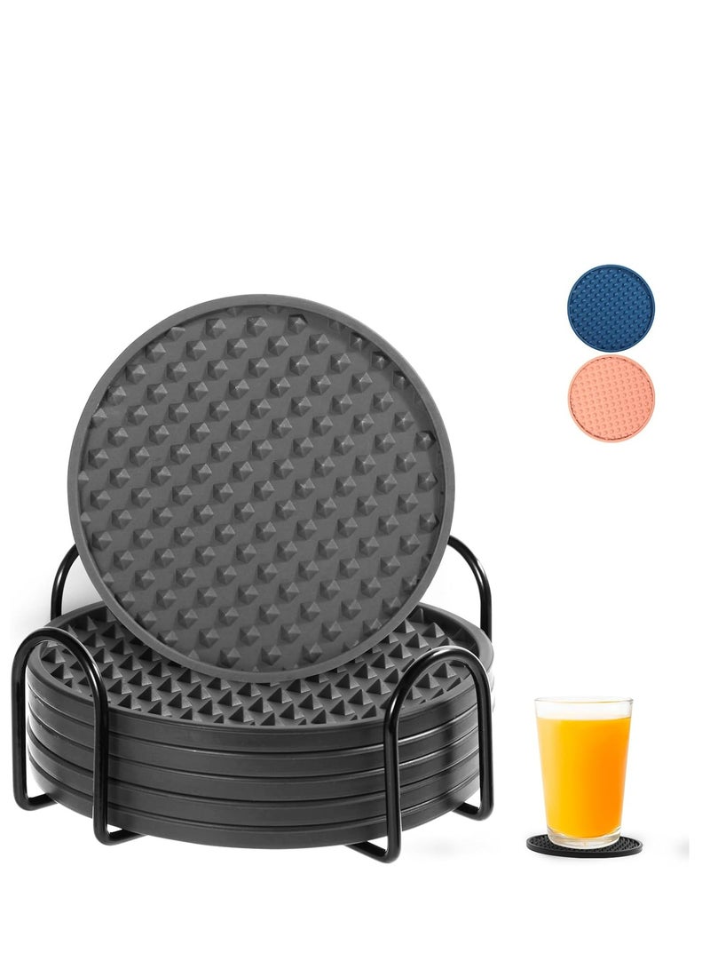 Loquat Silicone Drink Coasters Set of 6 with Holder for Tabletop Protection, Dishwasher Safe Coasters for Drinks Fits Any Size of Drinking Glasses (Grey) - Image 1