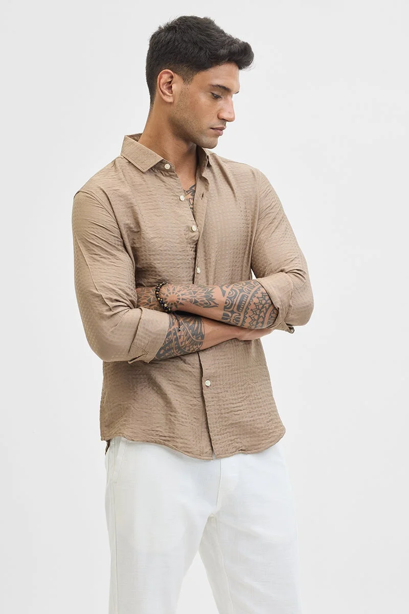 SNITCH Beige Self Design Slim Fit Shirt