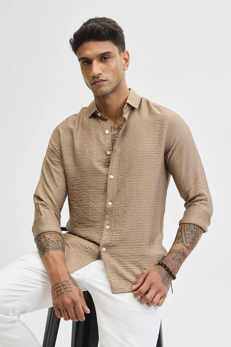 SNITCH Beige Self Design Slim Fit Shirt