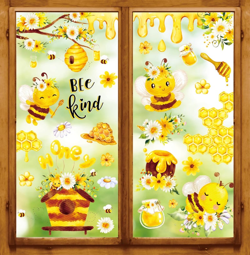 وولاين Whaline 90pcs Bee Window Clings Daisy Honeycomb Honey Bee Kind Window ملصقات نافذة مائية قابلة للإزالة - Image 1