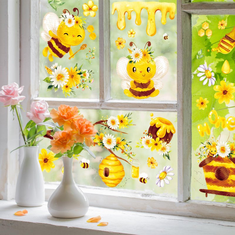 وولاين Whaline 90pcs Bee Window Clings Daisy Honeycomb Honey Bee Kind Window ملصقات نافذة مائية قابلة للإزالة - Image 2