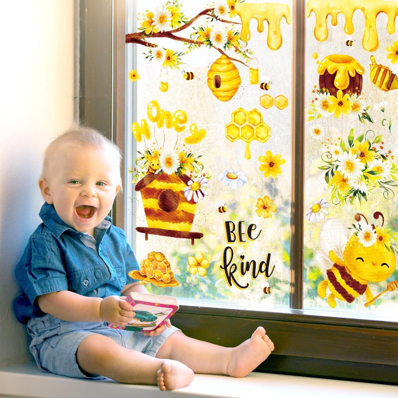 وولاين Whaline 90pcs Bee Window Clings Daisy Honeycomb Honey Bee Kind Window ملصقات نافذة مائية قابلة للإزالة - Image 4