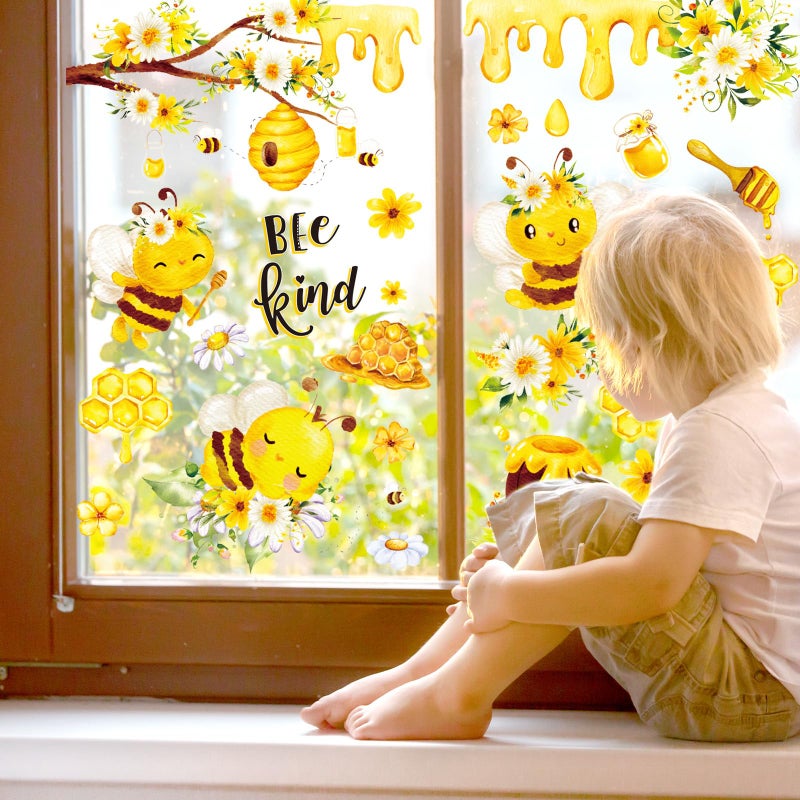 وولاين Whaline 90pcs Bee Window Clings Daisy Honeycomb Honey Bee Kind Window ملصقات نافذة مائية قابلة للإزالة - Image 3