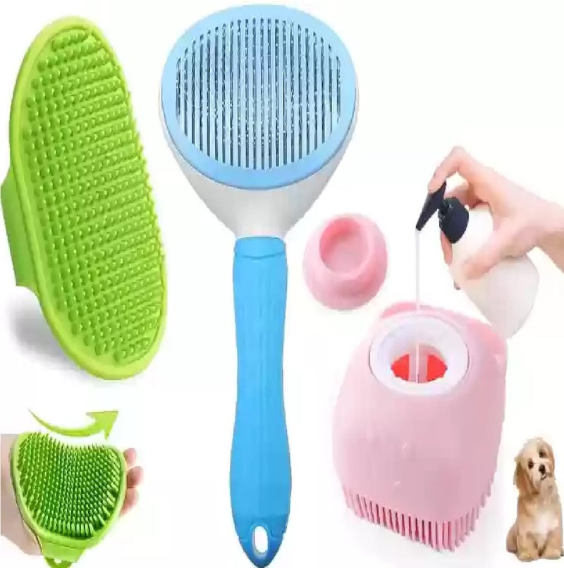 Agirav Tails 3 Pcs Self Cleaning Slicker Shedding Brush Tick Remover Shower Bathing Pet Bath Massage Brush With Soap & Shampoo Dispenser Soft Silicone Bristle For Long Short Haired Dogs Cats Shower - Image 1