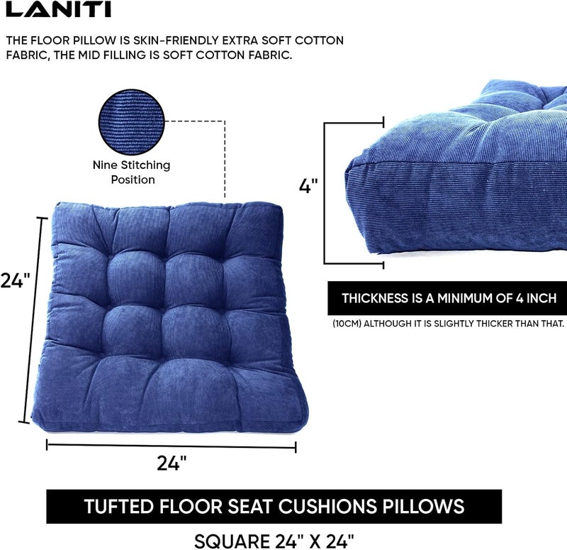 LANITI 24” Inch Extra Large Floor Cushions Tufted Floor Pillow for Adults Square Meditation Ultimate Comfort Oversized Pillows for Floor Cushion (Navy) - Image 4