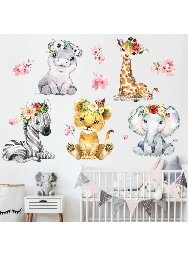 Mfault Girls Safari Jungle Baby Animals Wall Decals Stickers, African Elephant Zebra Giraffe Seahorse Lion Kids Room Nursery Decor, Watercolor Flower Decorations Toddler Bedroom Playroom Art Gift - Image 1