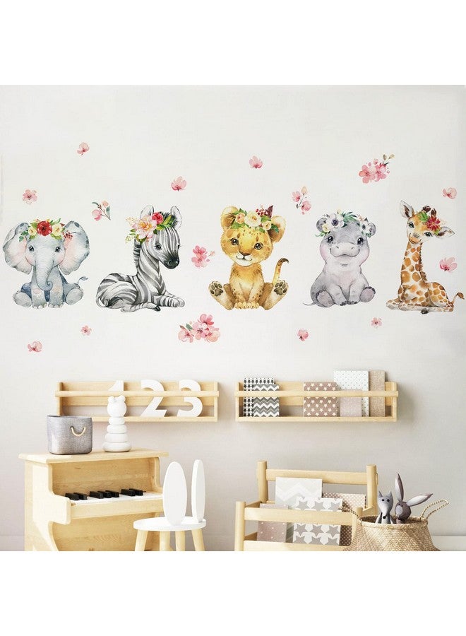 Mfault Girls Safari Jungle Baby Animals Wall Decals Stickers, African Elephant Zebra Giraffe Seahorse Lion Kids Room Nursery Decor, Watercolor Flower Decorations Toddler Bedroom Playroom Art Gift - Image 4