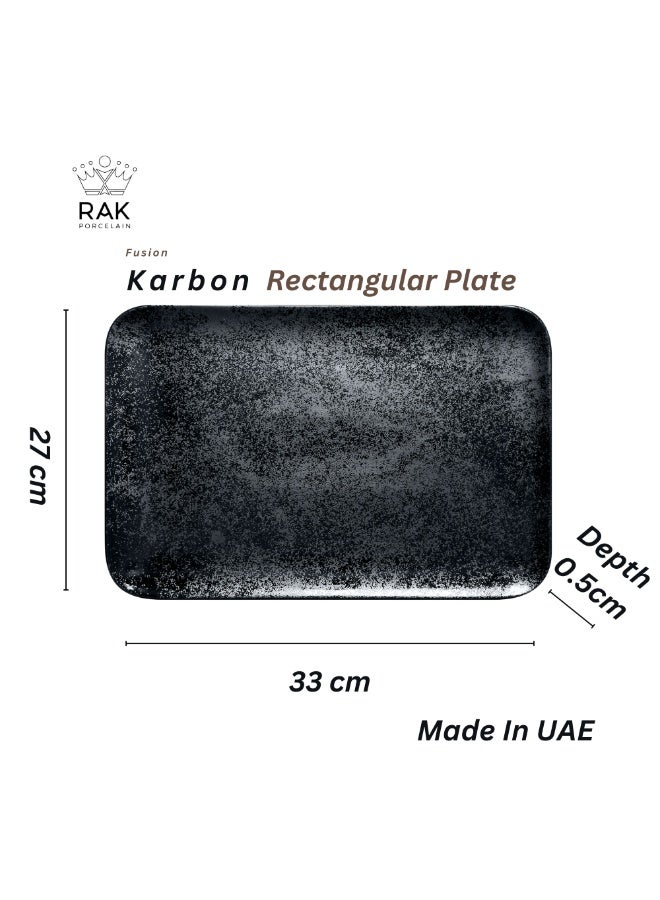راك بورسلين طبق مستطيل من البورسلين من مجموعة فيوجن من RAK، تصميم كاربون فاخر بلون أسود كاربون، مقاس 33x27 سم، رقم الموديل KRAURX33 – طبق تقديم بورسلين عالي الجودة، متين ومقاوم للخدش، مصنوع في الإمارات – مثالي للمطاعم والفنادق واستخدام المنزل، طبق عشاء مستطيل كبير، من مجموعة فيوجن الراقية، أواني طعام بورسلين فاخرة، مناسب لتقديم الأطباق الفاخرة والوجبات اليومية، تصميم عصري أنيق، خفيف الوزن وسهل التنظيف، مثالي لتقديم الطعام بشكل مميز وفاخر - Image 2