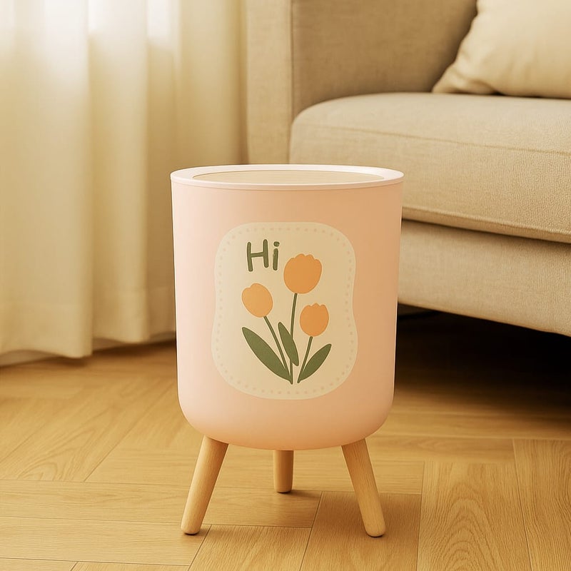 Flower Pink Trash Can, Round Wooden Man