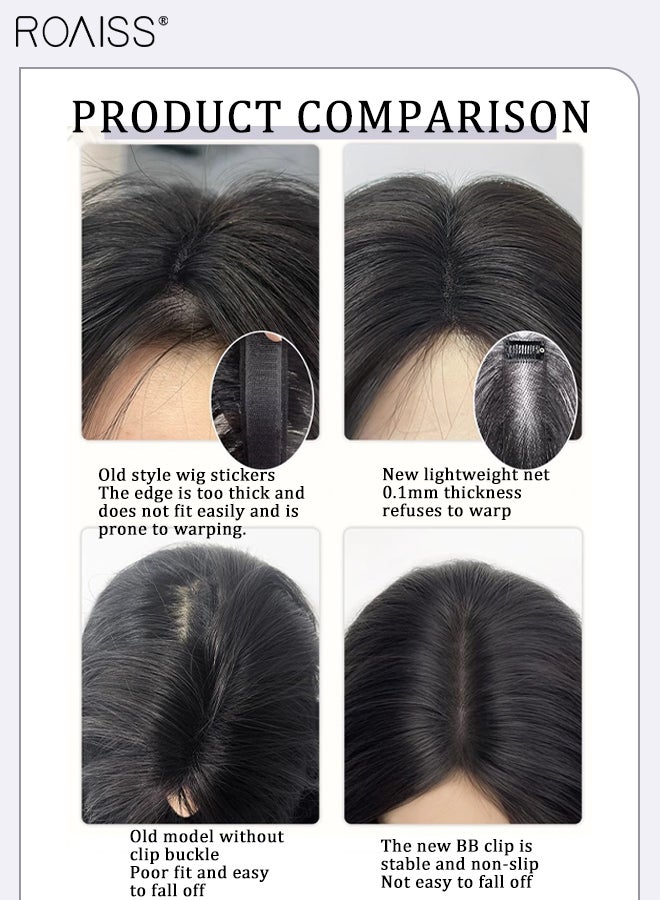رويس غطاء شعر غير مرئي للنساء مع غرة، غرة أنيقة مفروقة من المنتصف، قطعة شعر رقيقة قابلة للتهوية بشريط فيلكرو، مناسبة للنساء ذوات تساقط الشعر الخفيف، تغطي الشعر الرمادي وتزيد من حجم الشعر، أسود طبيعي، 27 سم - Image 2