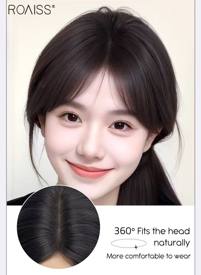 رويس غطاء شعر غير مرئي للنساء مع غرة، غرة أنيقة مفروقة من المنتصف، قطعة شعر رقيقة قابلة للتهوية بشريط فيلكرو، مناسبة للنساء ذوات تساقط الشعر الخفيف، تغطي الشعر الرمادي وتزيد من حجم الشعر، أسود طبيعي، 27 سم - Image 5