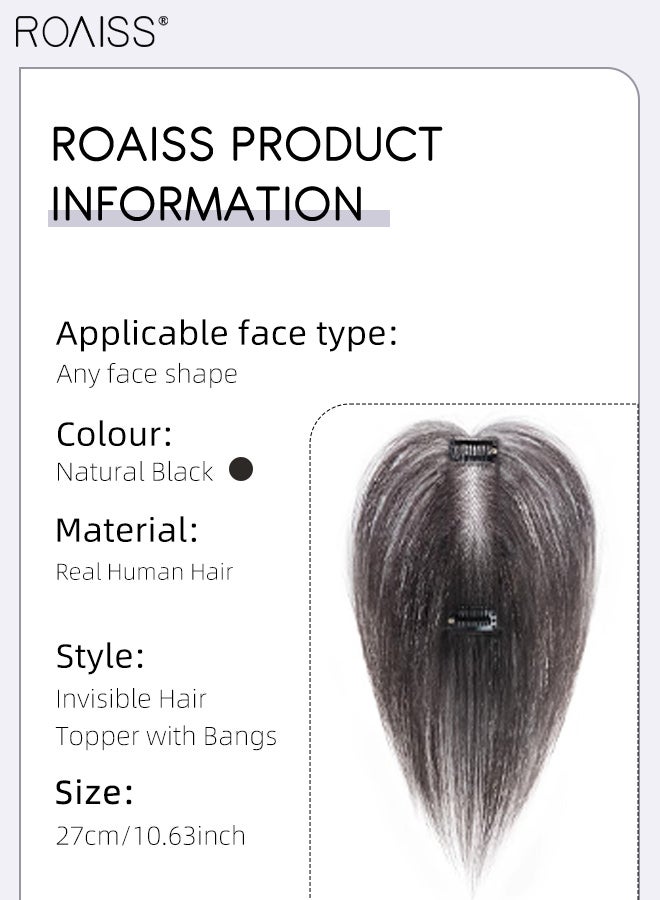 رويس غطاء شعر غير مرئي للنساء مع غرة، غرة أنيقة مفروقة من المنتصف، قطعة شعر رقيقة قابلة للتهوية بشريط فيلكرو، مناسبة للنساء ذوات تساقط الشعر الخفيف، تغطي الشعر الرمادي وتزيد من حجم الشعر، أسود طبيعي، 27 سم - Image 3