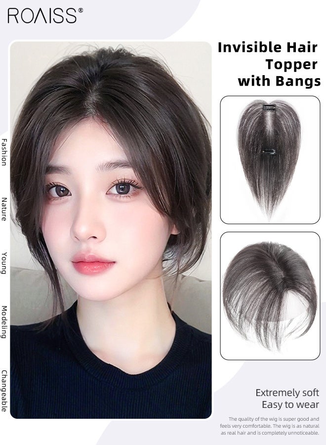 رويس غطاء شعر غير مرئي للنساء مع غرة، غرة أنيقة مفروقة من المنتصف، قطعة شعر رقيقة قابلة للتهوية بشريط فيلكرو، مناسبة للنساء ذوات تساقط الشعر الخفيف، تغطي الشعر الرمادي وتزيد من حجم الشعر، أسود طبيعي، 27 سم - Image 1