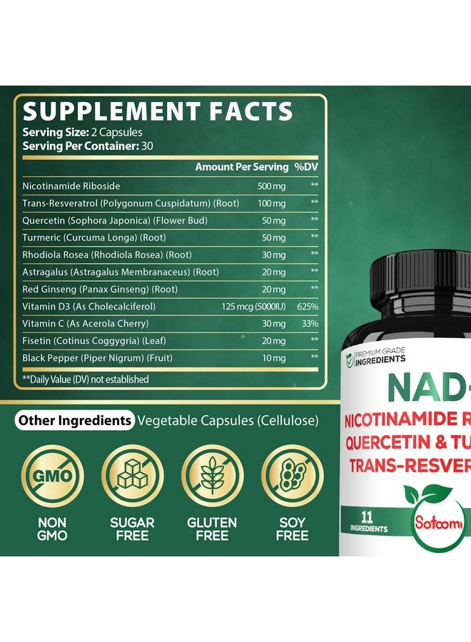 Satoomi مكمل ساتوومي NAD+ مع نيكوتيناميد ريبوسيد 900 ملغ NR، ريسفيراترول، كيرسيتين، كركم، أستراجالوس، جينسنغ، فيتامين D3، فيتامين C - طاقة خلوية، إصلاح وشيخوخة - 60 حبة - Image 2