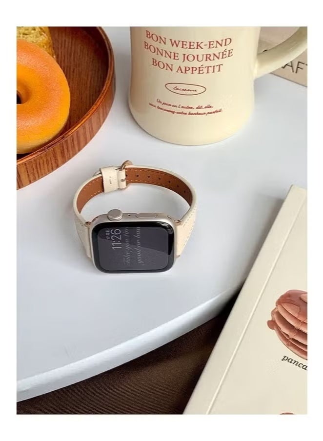 For Apple Watch Leather Band, Compatible with Apple Watch Band 42mm 44mm 45mm 46mm 49mm - Premium Top-Grain Genuine Leather Strap for Apple Watch Series 10/9/8/7/6/5/4/3/2/1/SE/Ultra 2 - Off-White Thin Wristband for Women - Image 3