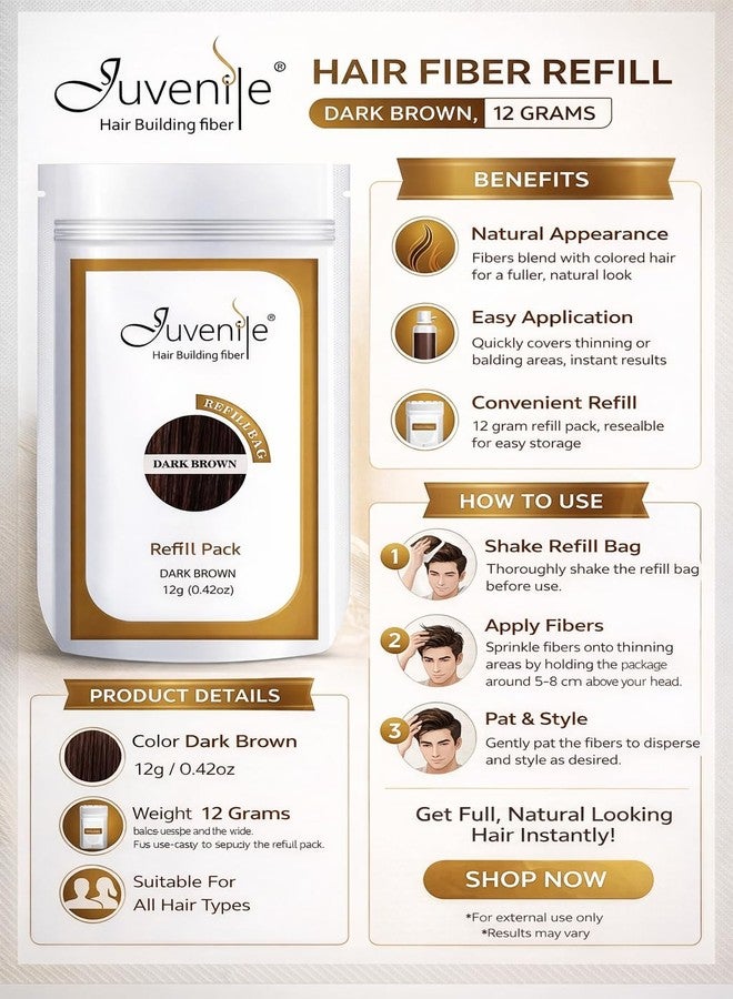 جوفينايل عبوة إعادة تعبئة ألياف الشعر للأطفال - ألياف بناء الشعر للرجال والنساء، بني داكن (12 غرام) | تغطي على الفور المناطق الخفيفة وبقع الصلع | مظهر طبيعي، يدوم طويلاً - Image 3