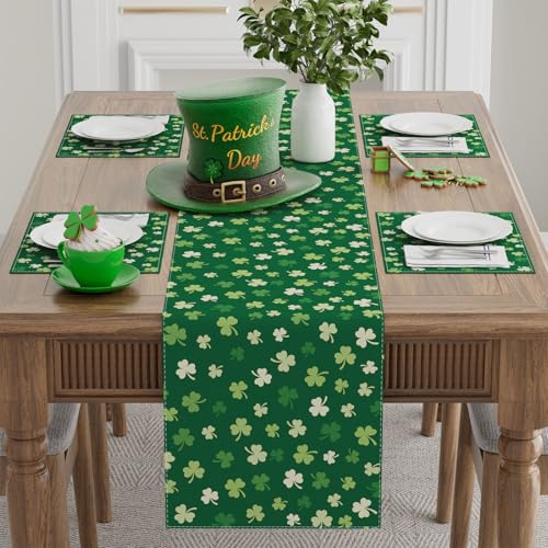 XCHI Green Shamrocks St. Patrick's Day Table Runner Table Decoration for Party Home Kitchen Dining Holiday Decor 13x72 Inch - Image 2