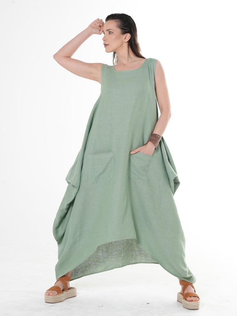 Metamorphoza Oversize Linen Dress In Green - Image 1
