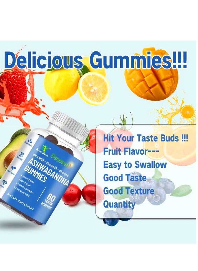 Ashwagandha  Gluten-free Mixed Berry Gummies Reduce Stress Support Sleep Muscle Strength Vitamin D/C Vegan Gummy 60pcs