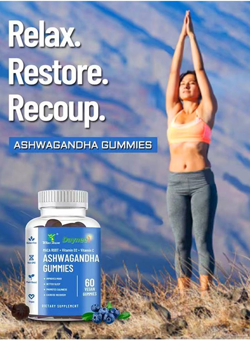 Ashwagandha  Gluten-free Mixed Berry Gummies Reduce Stress Support Sleep Muscle Strength Vitamin D/C Vegan Gummy 60pcs