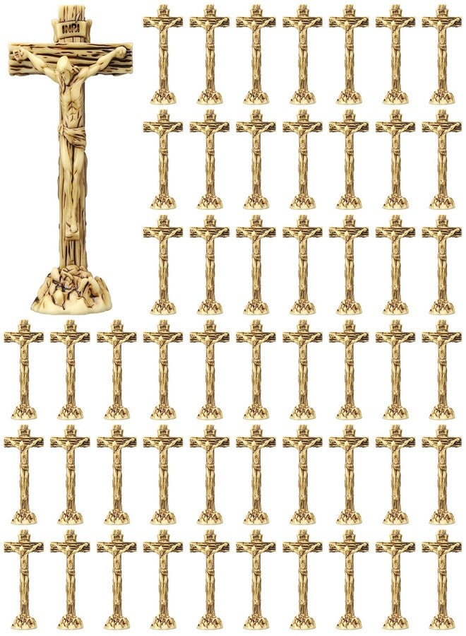 Qunclay 50 Pcs Little Jesus Crucifix Standing Cross 1.97 Inch Resin Mini Jesus Figures Bulk, Catholic INRI Cross Decor for First Communion, Easter, Church Altar & Christian Home Tabletop(Light Brown) - Image 1
